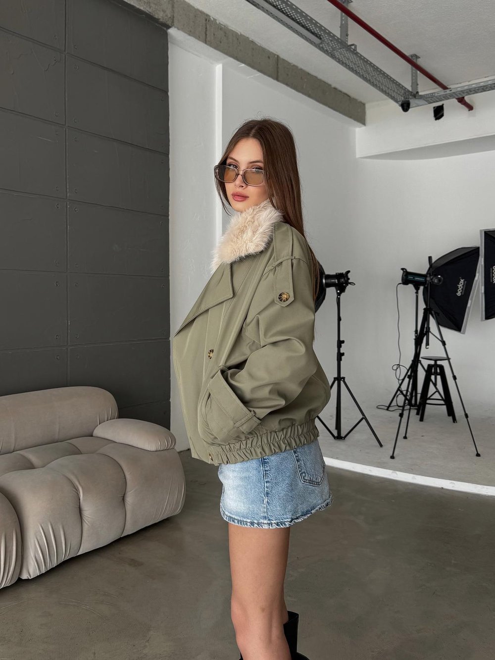 Jeksa Yakası Kürk Detay Kısa Mint Trençkot