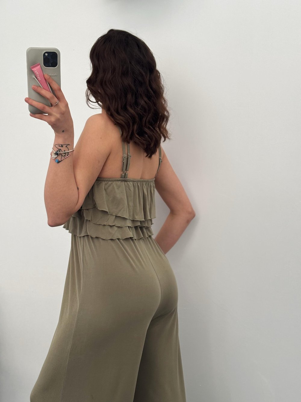 Kelly Haki Fırfır Detay Askılı Tulum