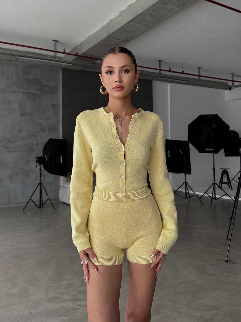 Knitelle Sarı Bodysuit Hırka Şort Triko Takım