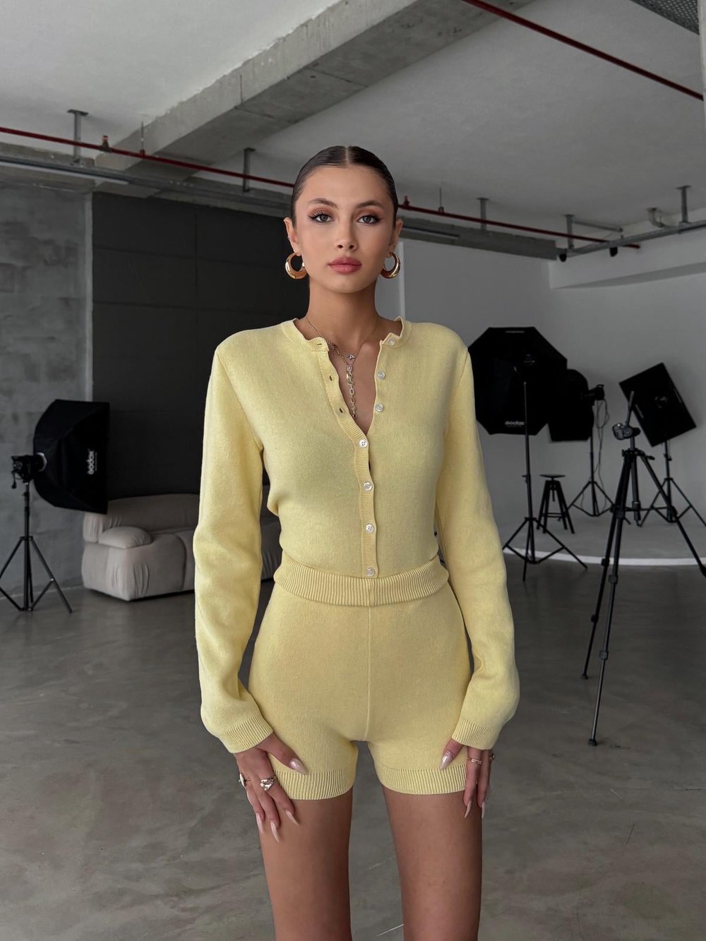 Knitelle Sarı Bodysuit Hırka Şort Triko Takım