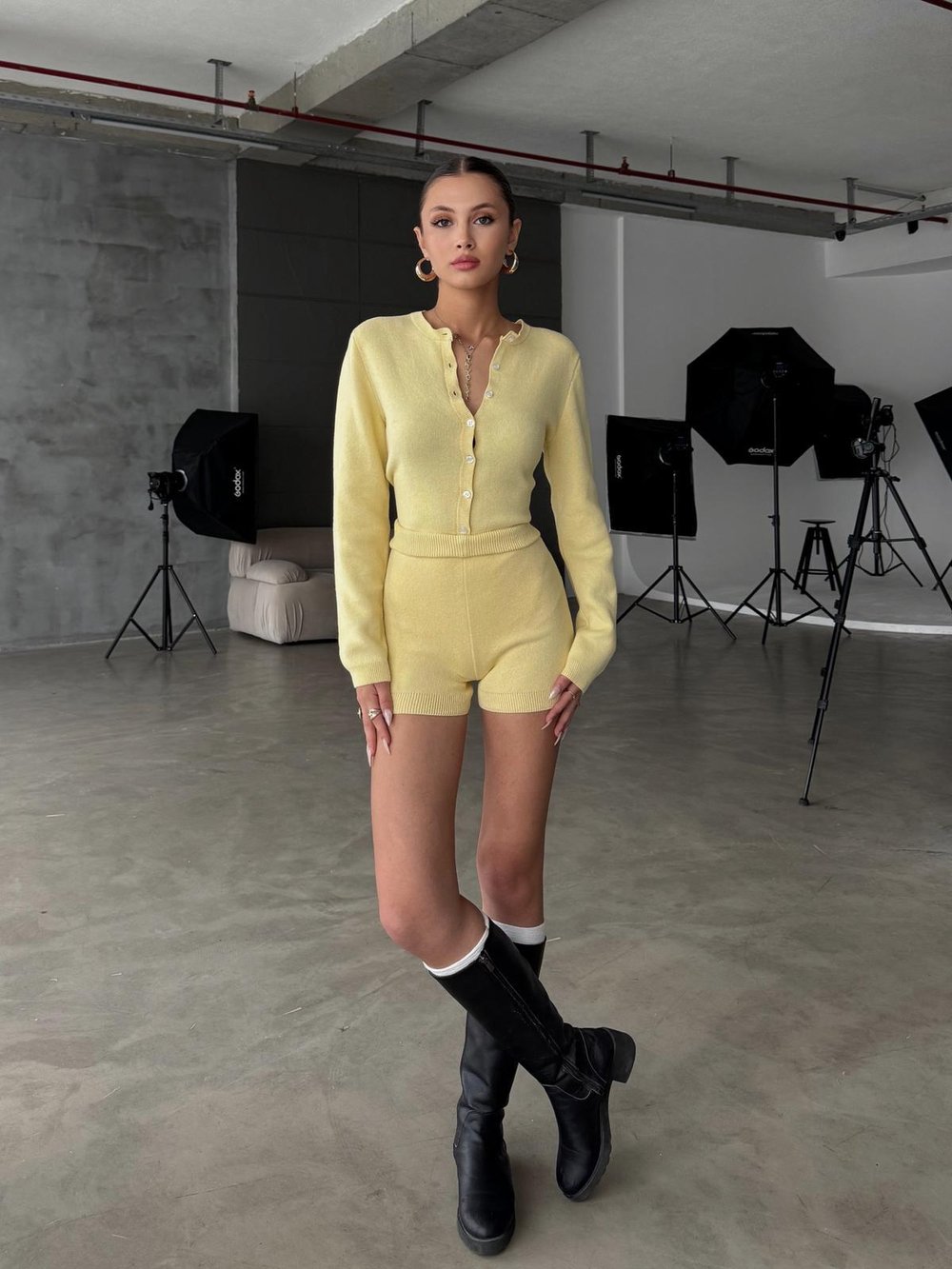 Knitelle Sarı Bodysuit Hırka Şort Triko Takım