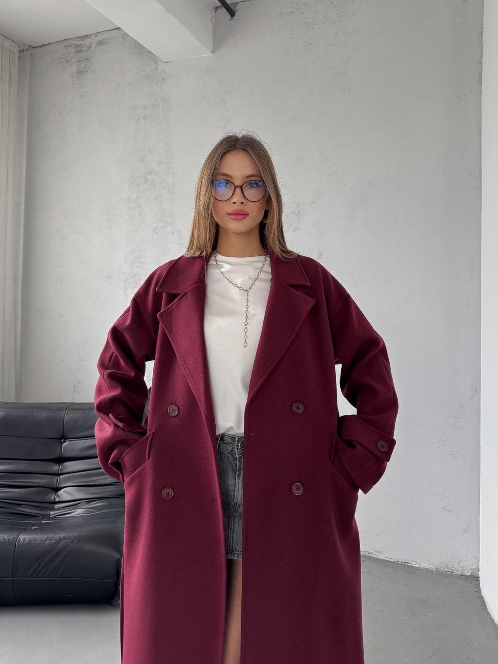 Nimbus Premium Bordo Düşük Omuz Detay Kaşe  Uzun Kaban