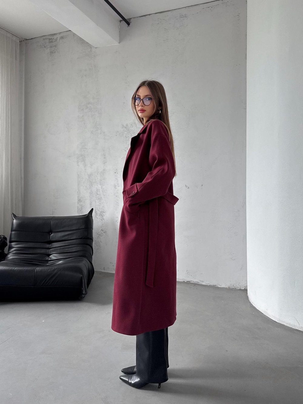 Nimbus Premium Bordo Düşük Omuz Detay Kaşe  Uzun Kaban