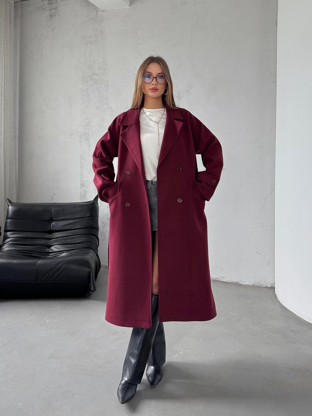 Nimbus Premium Bordo Düşük Omuz Detay Kaşe  Uzun Kaban