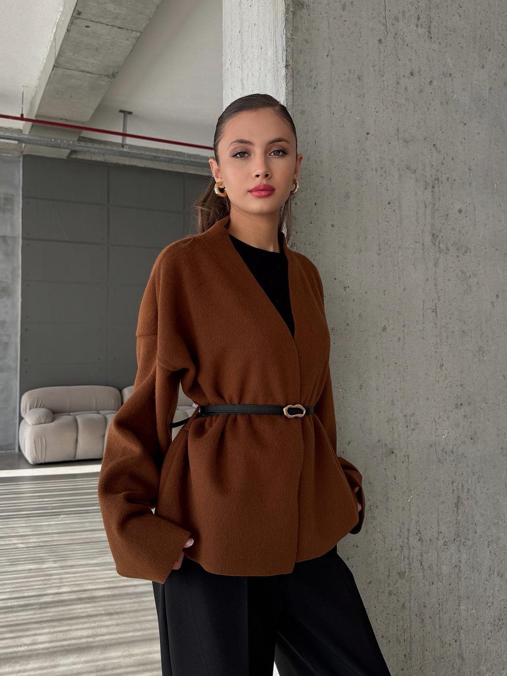 Orren Deri Kemerli Kaşe Tarçın Kimono