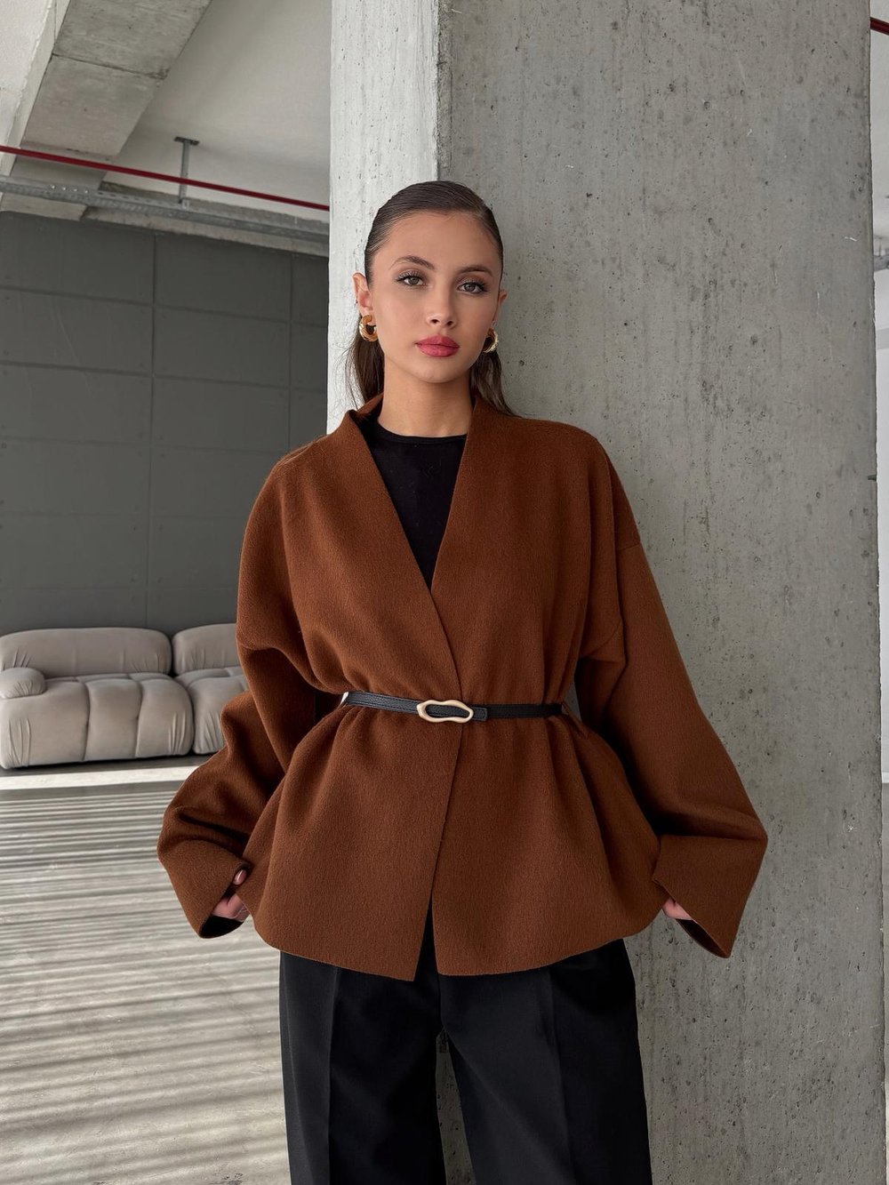 Orren Deri Kemerli Kaşe Tarçın Kimono