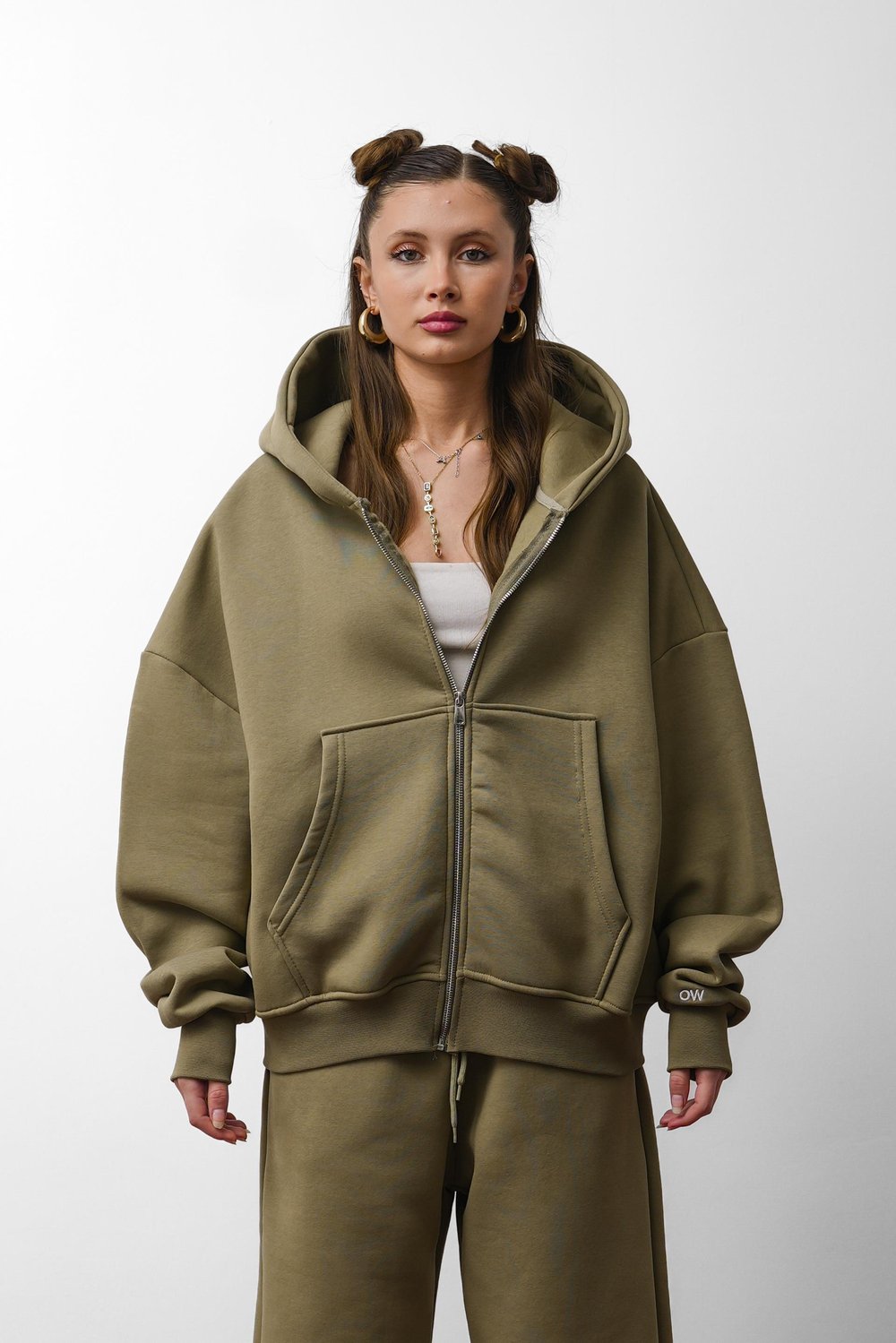OW Oversize Yağ Yeşili Zip Hırka