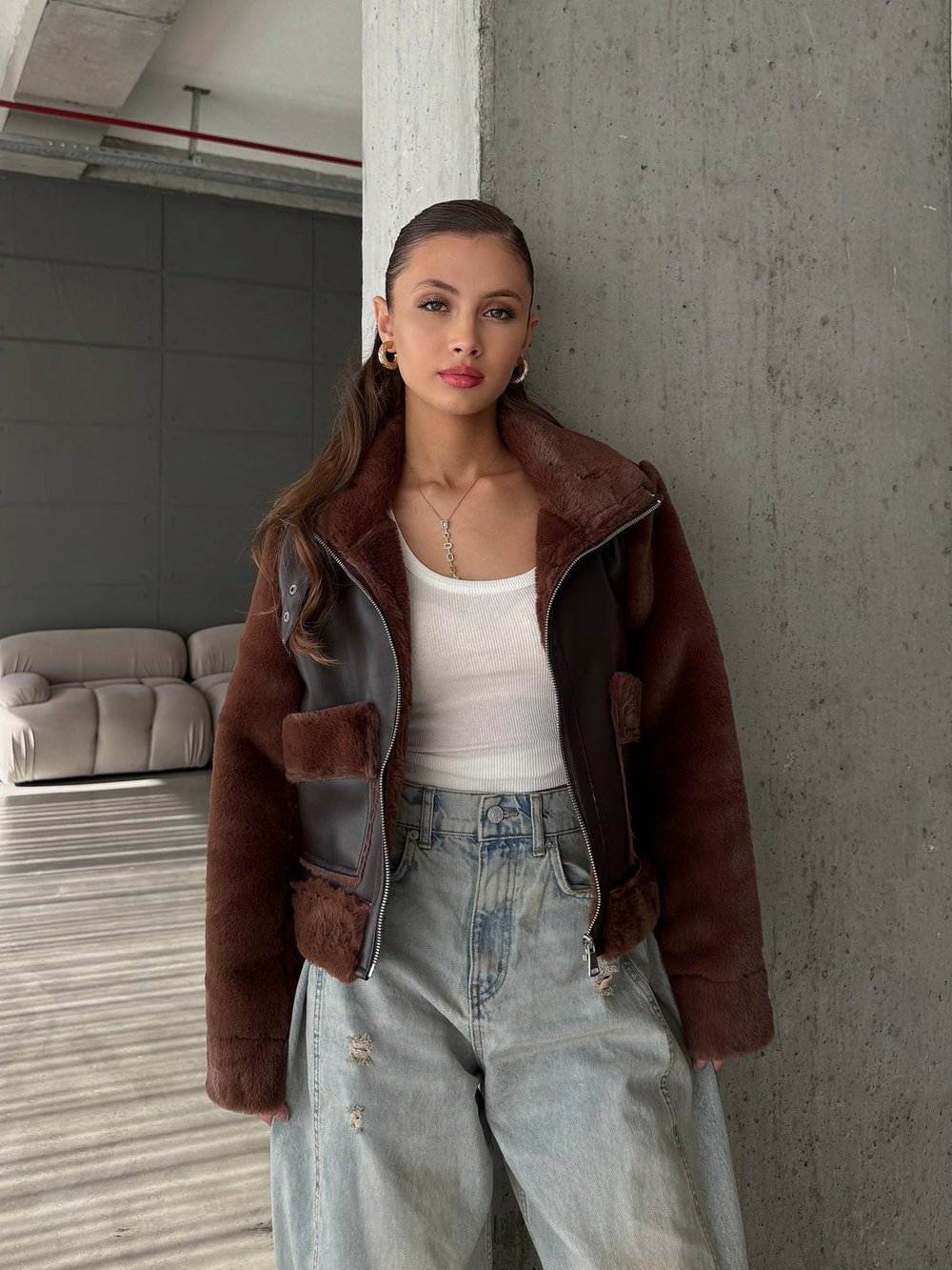 Palea Çift Cepli Fermuarlı Deri Peluş Kahve Mont