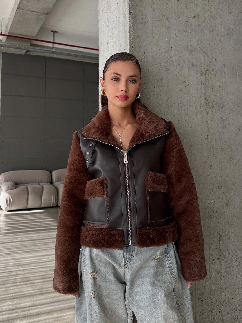 Palea Çift Cepli Fermuarlı Deri Peluş Kahve Mont