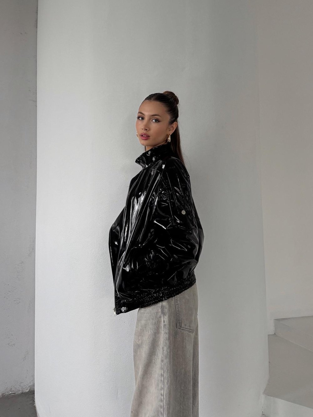 Ravix Rugan Beli Lastik Detay Oversize Siyah Deri Ceket