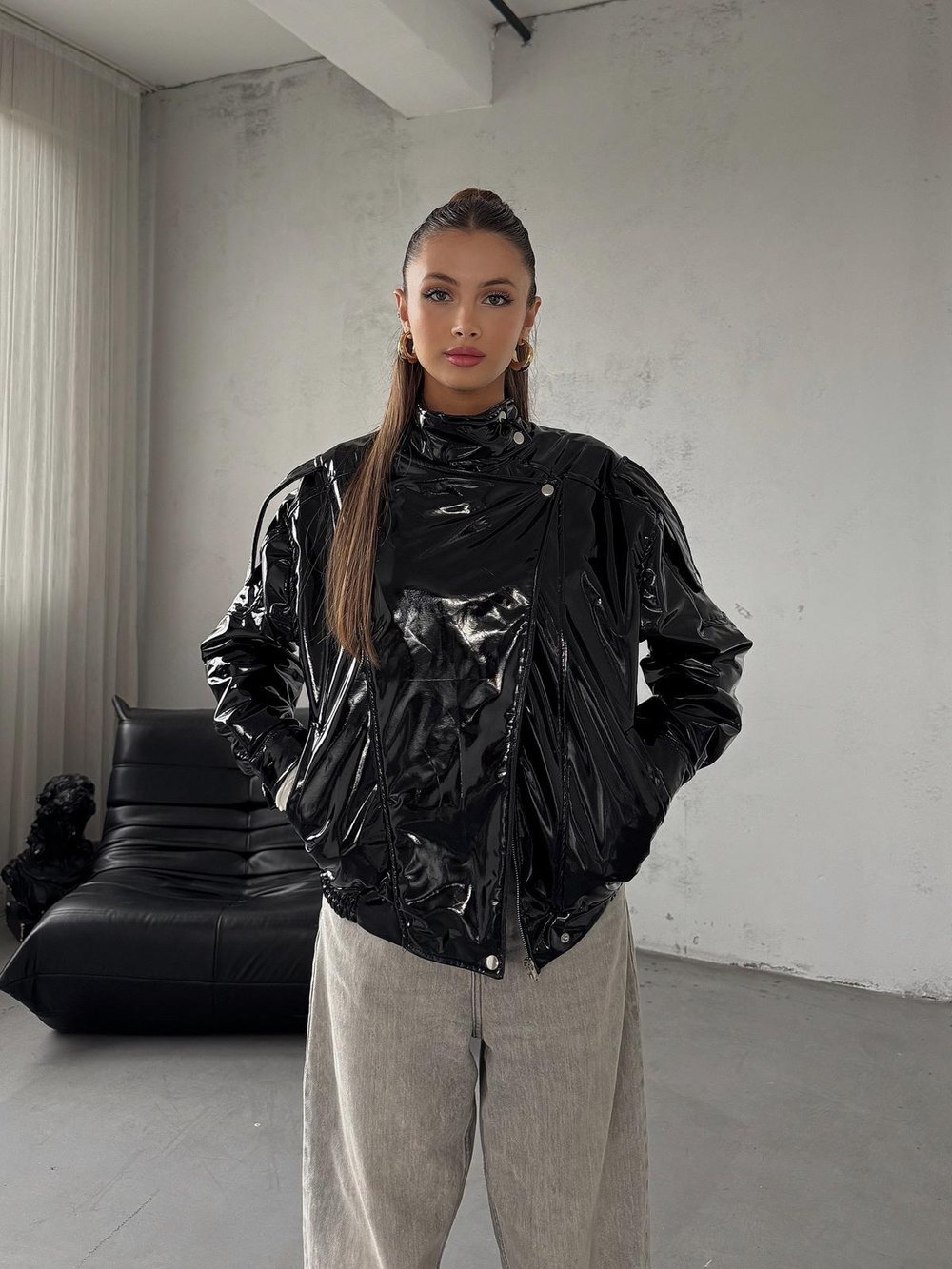 Ravix Rugan Beli Lastik Detay Oversize Siyah Deri Ceket