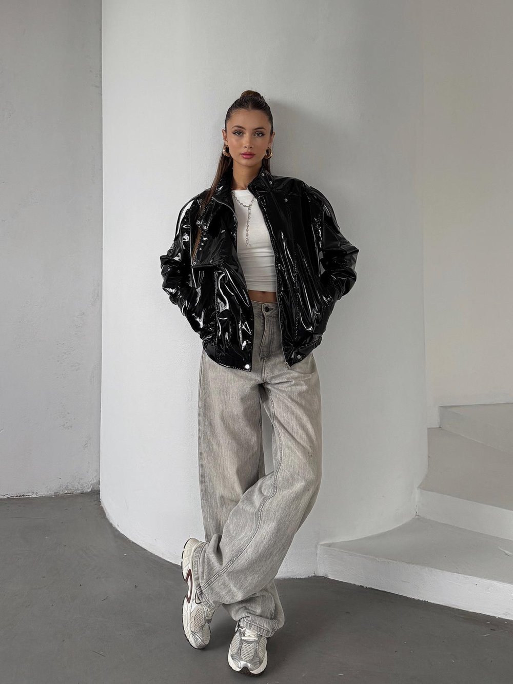 Ravix Rugan Beli Lastik Detay Oversize Siyah Deri Ceket