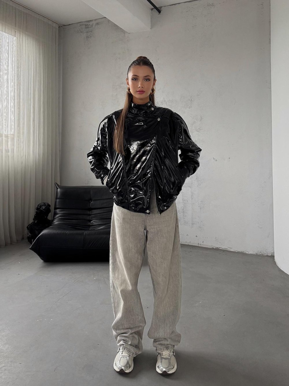 Ravix Rugan Beli Lastik Detay Oversize Siyah Deri Ceket