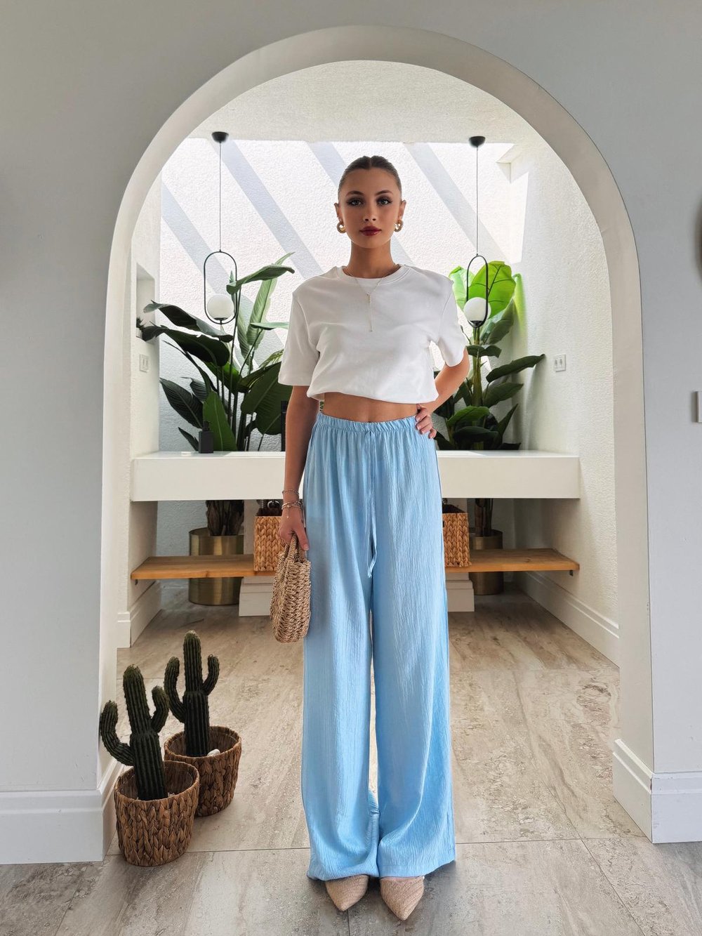 Satori Belden Bağcıklı Mavi Çilek Kumaş Pantolon 