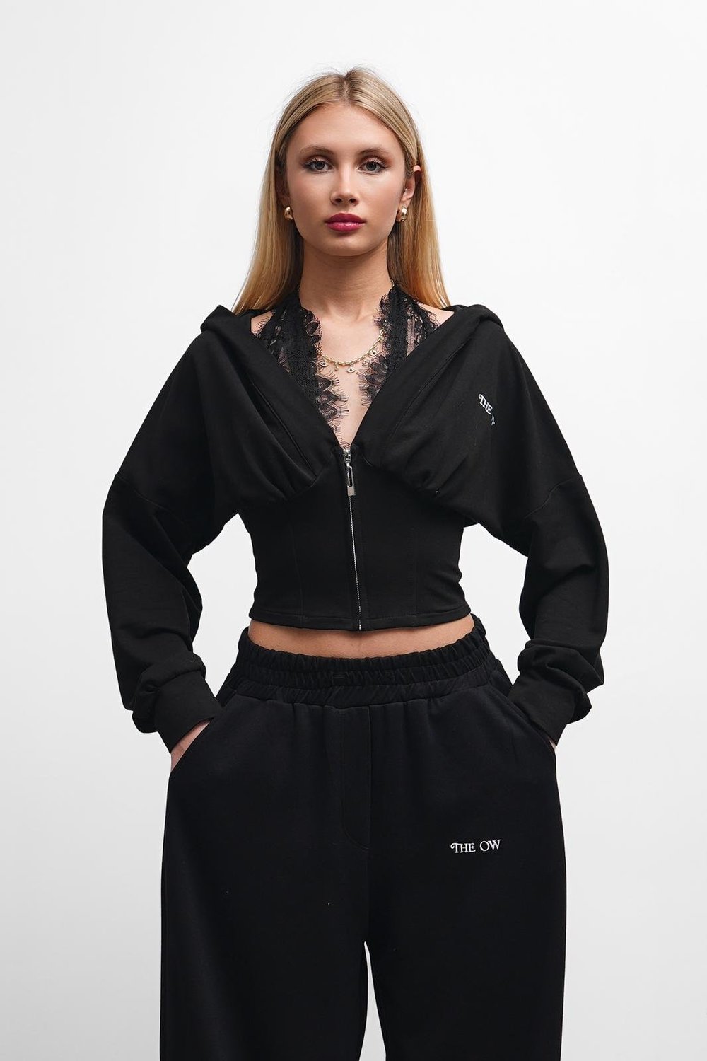 THEOW Dantel Detaylı Oversize Siyah Hırkalı Takımı