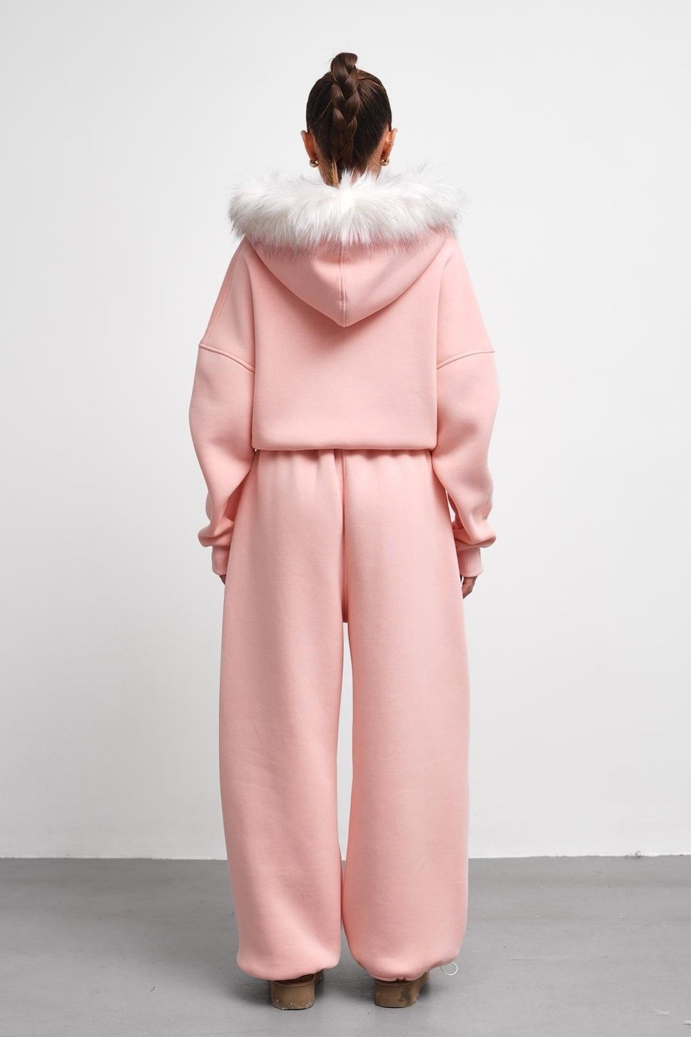 THEOW Kürk Detaylı Oversize Toz Pembe Zip Hırka