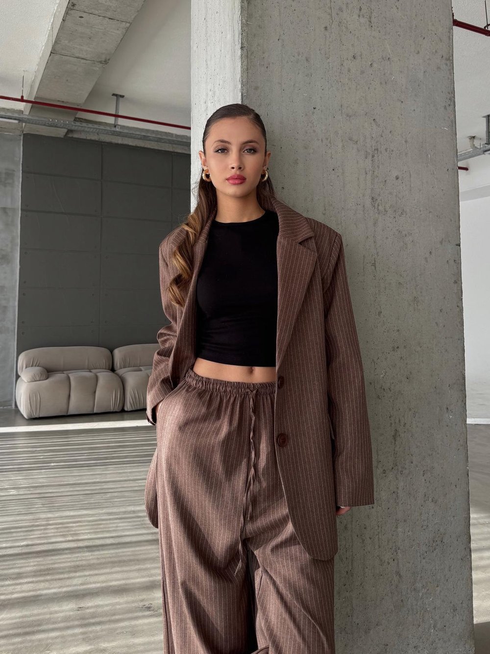 Ulvenor Kahve Çizgili Düğme Detay Cepli  Blazer Takım