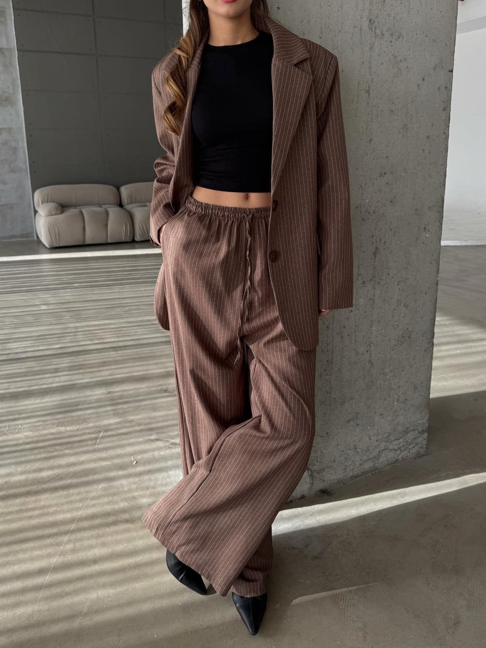 Ulvenor Kahve Çizgili Düğme Detay Cepli  Blazer Takım