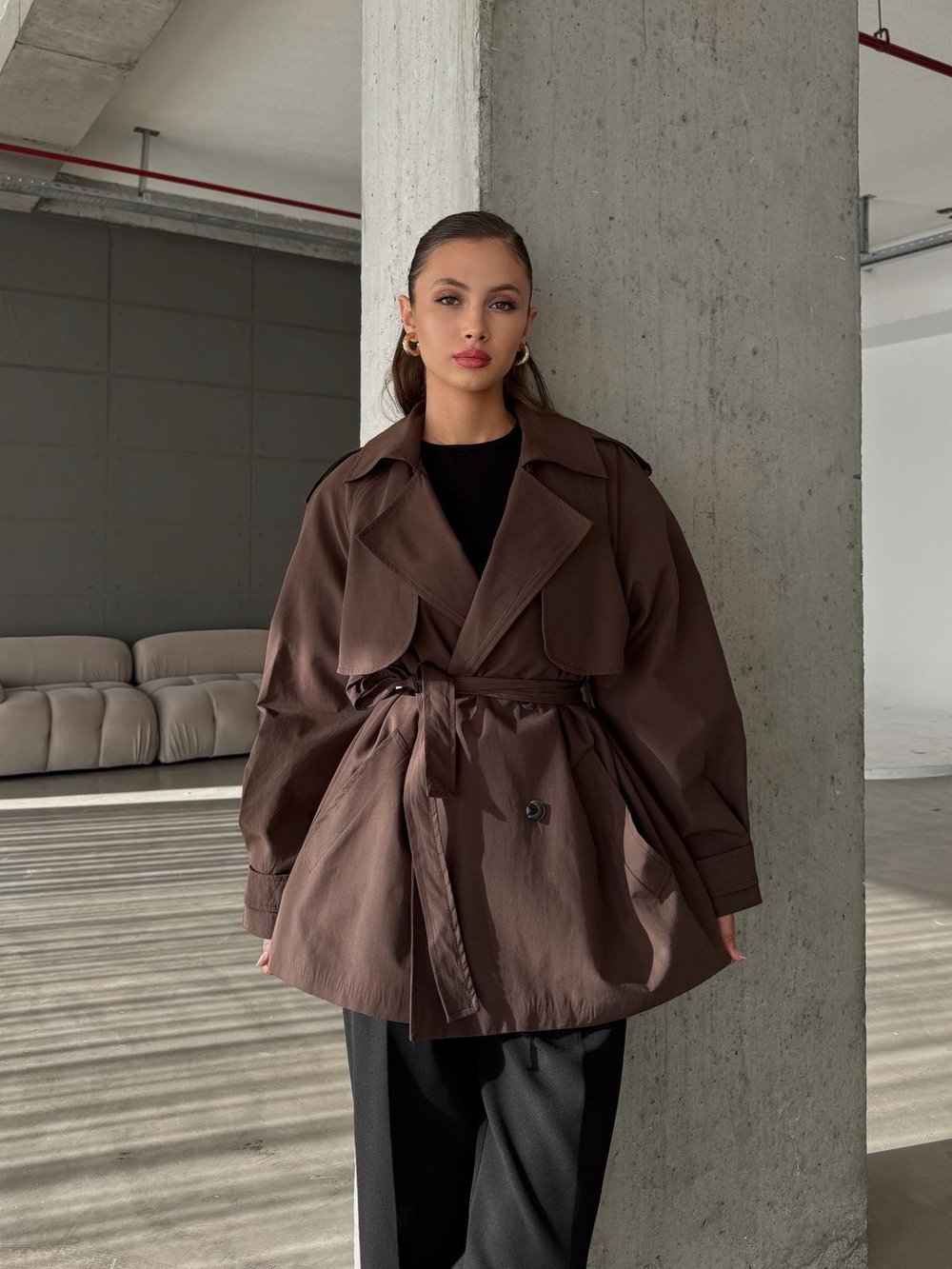 Valisca Kruvaze Yaka Düğme Detay Kahve Kısa Trençkot