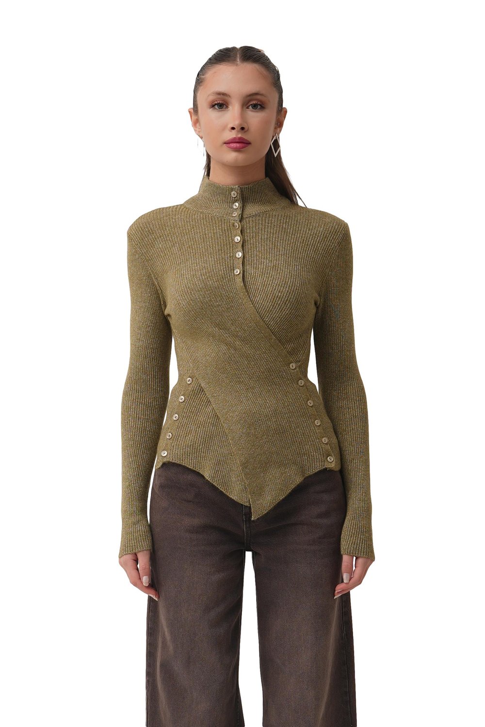 Viona Boğazlı Asimetrik Belden Düğme Detaylı Haki Triko Kazak