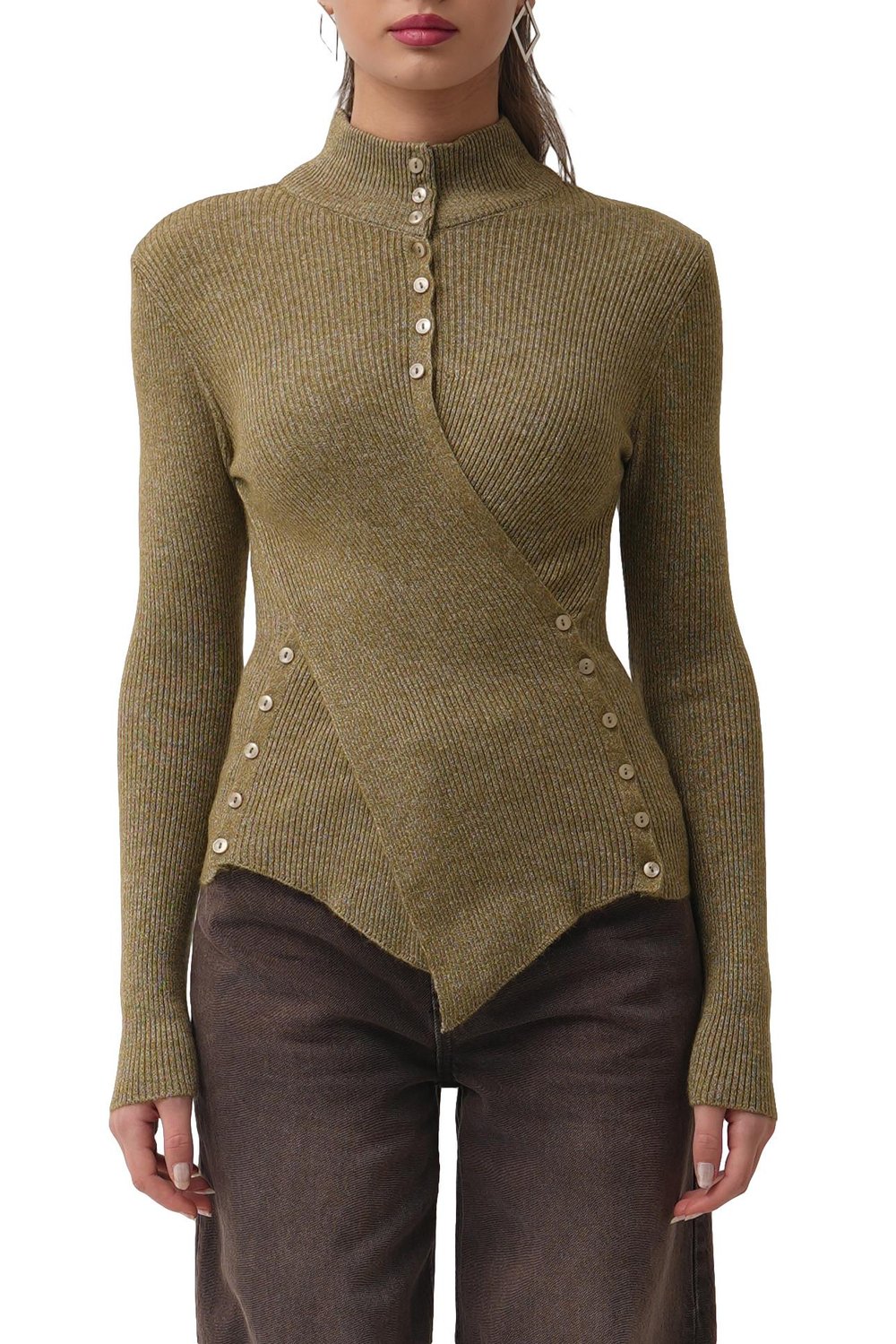 Viona Boğazlı Asimetrik Belden Düğme Detaylı Haki Triko Kazak