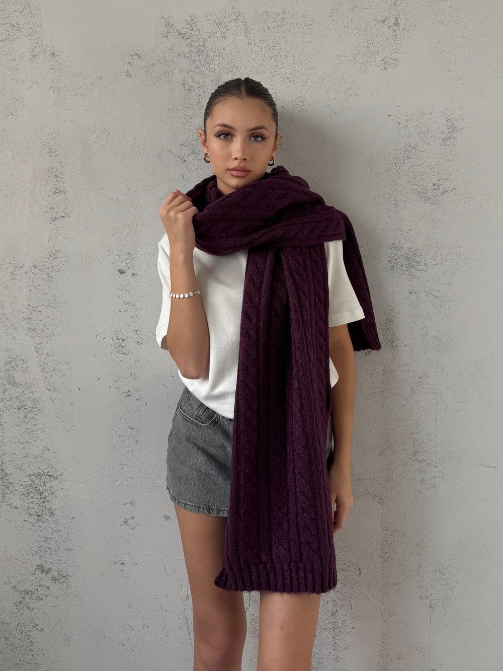 Vonn Saç Örgülü Triko Mürdüm  Atkı