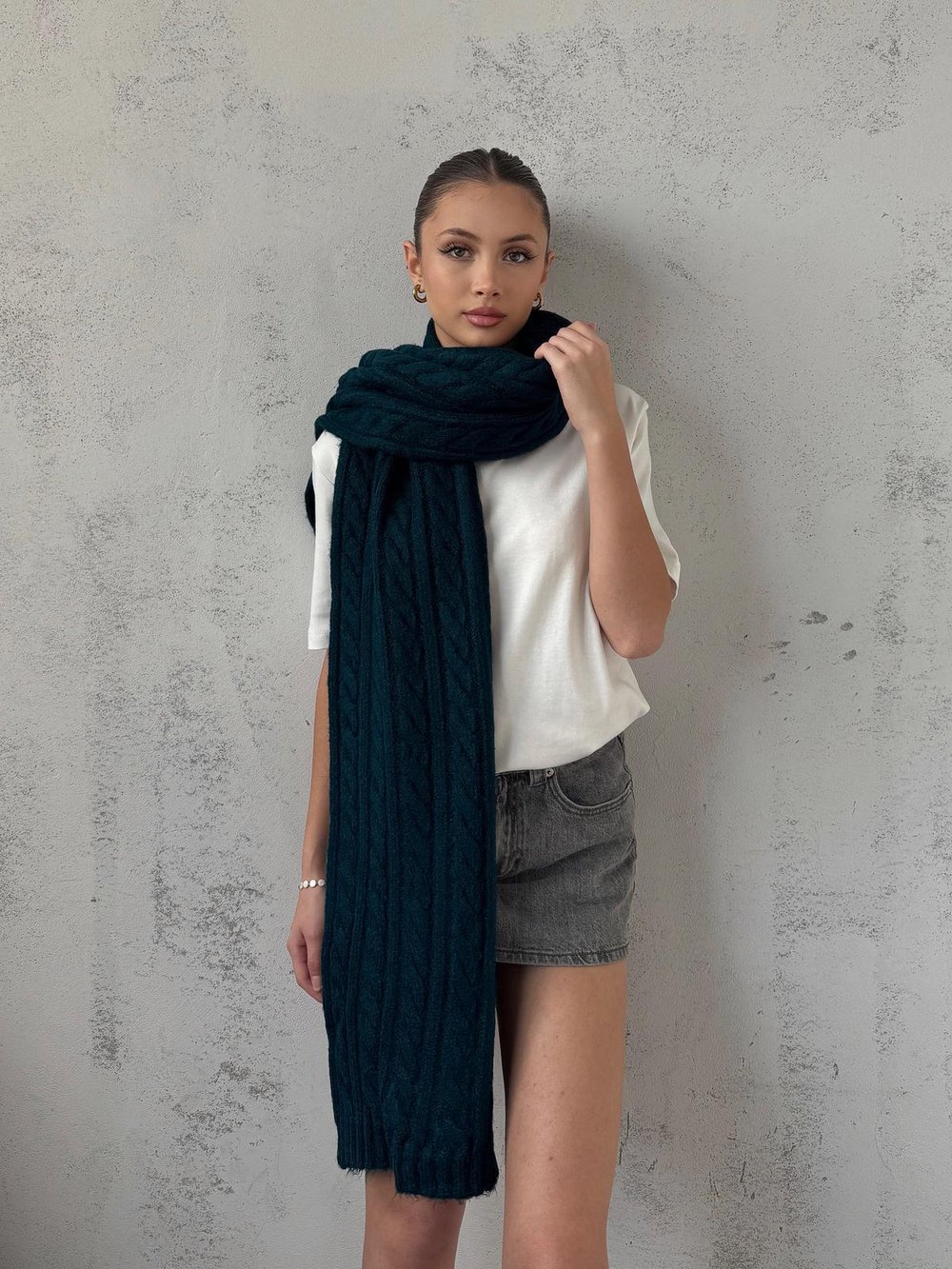 Vonn Saç Örgülü Triko Petrol  Atkı