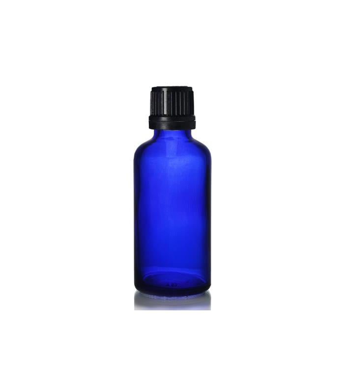 50 ml Mavi Cam Şişe – İçten Damlalıklı – Esansiyel Yağ & Kozmetik Şişesi