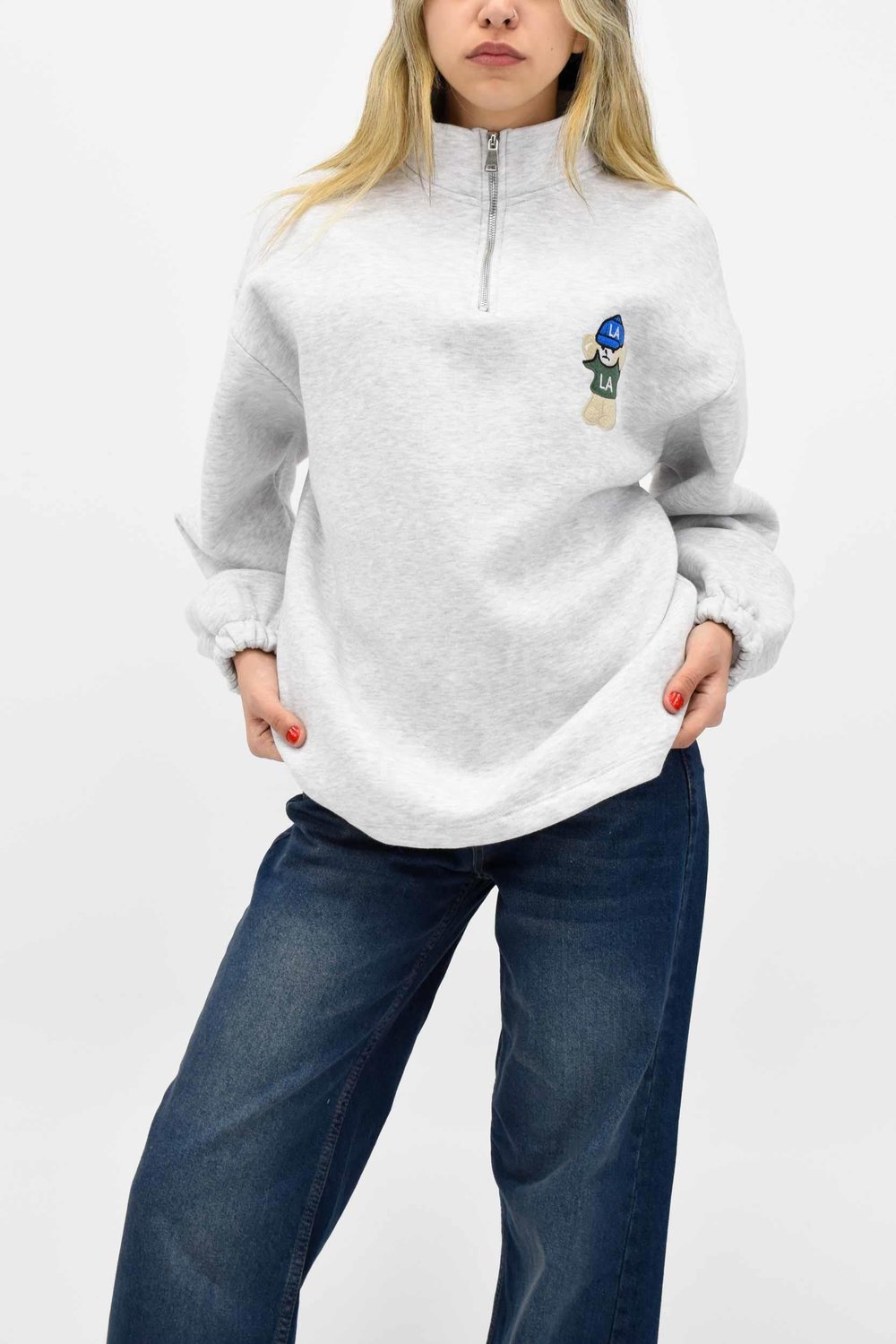 Ayıcık Nakışlı Fermuarlı Sweatshirt - Gri