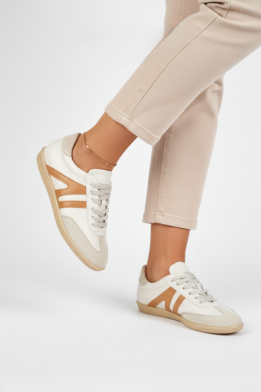 Kadın Bağcıklı Düz Taban Sneaker Spor Ayakkabı - Bej