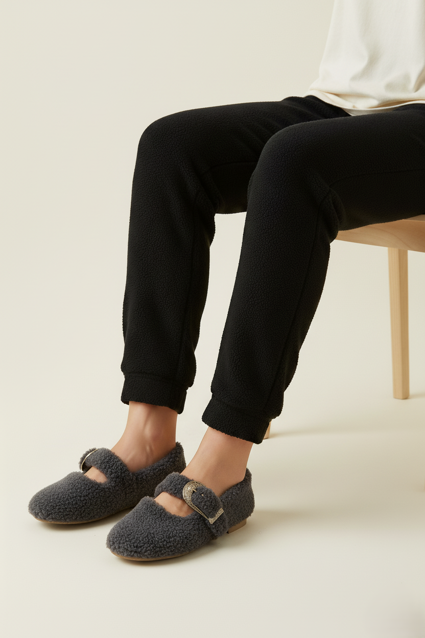 Kadın Gold Tokalı Peluş Ev Babeti - Koyu Gri