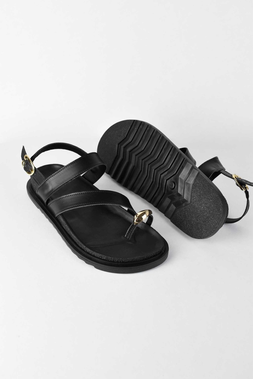 Kadın Gold Yüzük Detaylı Rahat Poli Taban Günlük Sandalet - Siyah