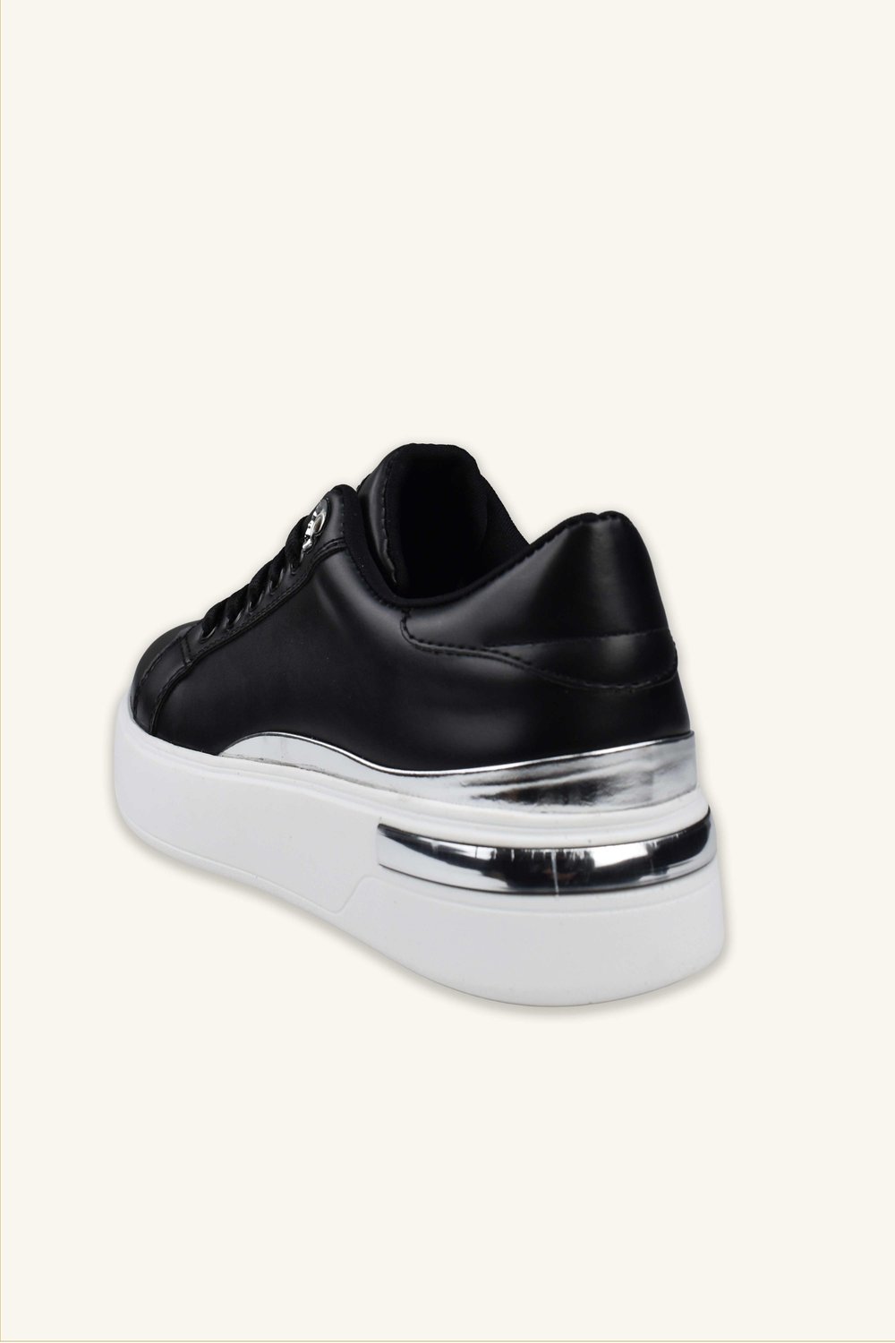 Kadın Gümüş Şerit Detaylı Deri Sneaker - Siyah