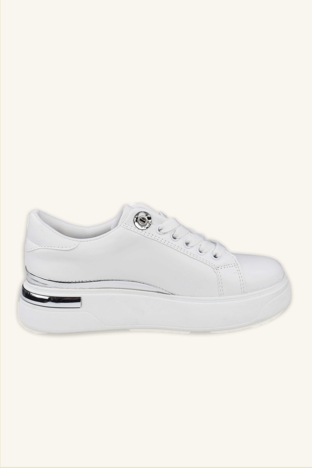 Kadın Gümüş Şerit Detaylı Deri Sneaker - Beyaz