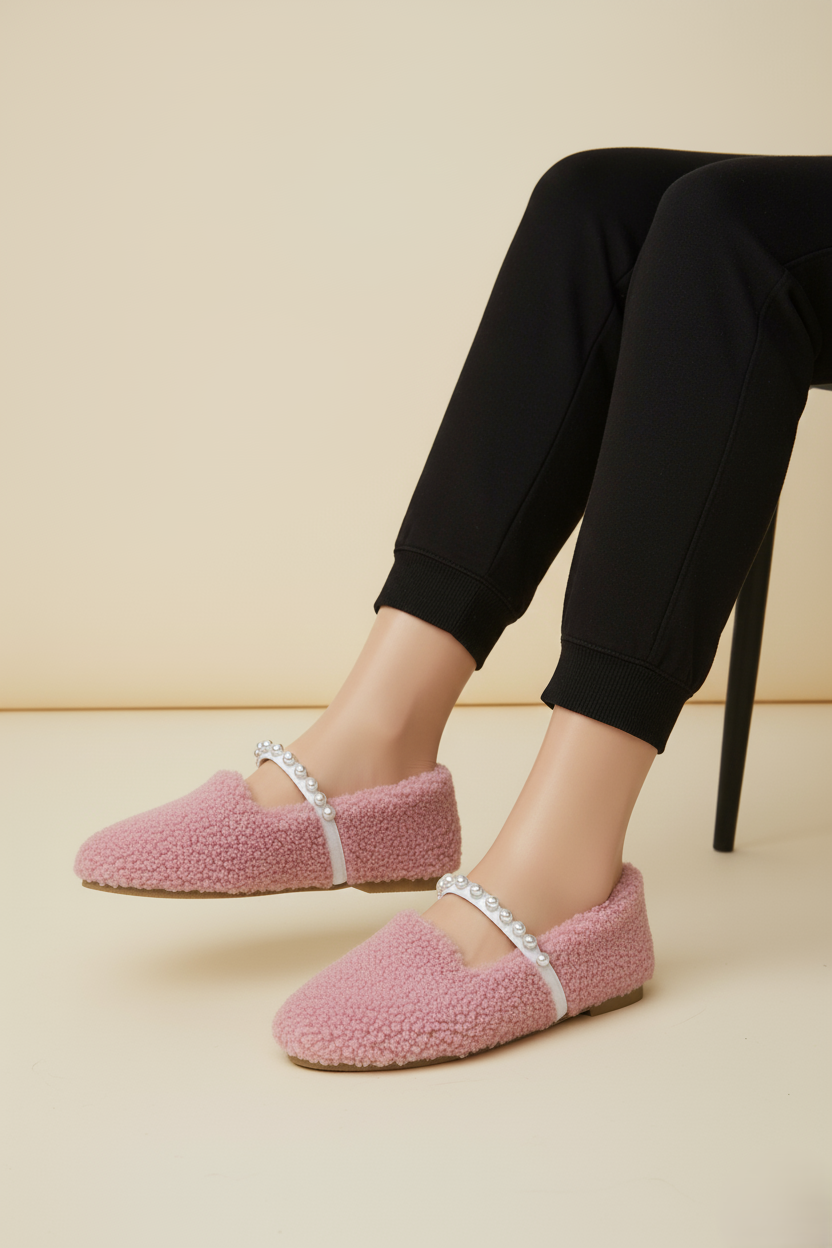 Kadın İnci Detaylı Peluş Ev Babeti - Pudra