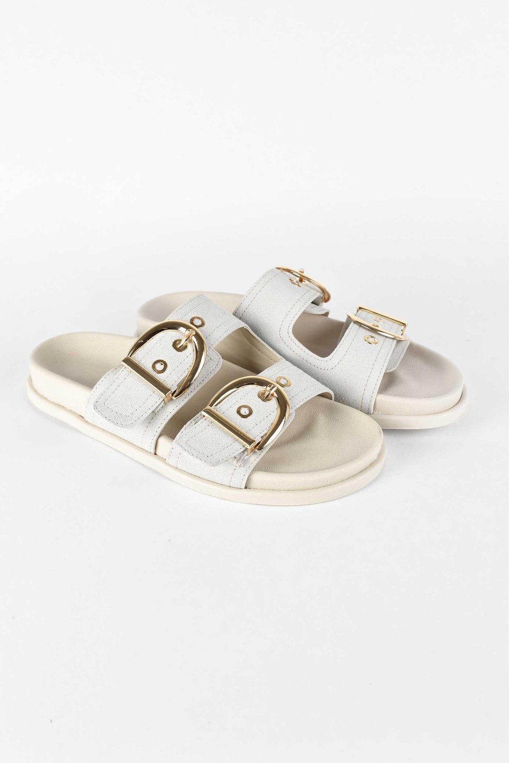 Kadın Süet Gold Tokalı Çift Bantlı Poli Taban Günlük Terlik - Bej