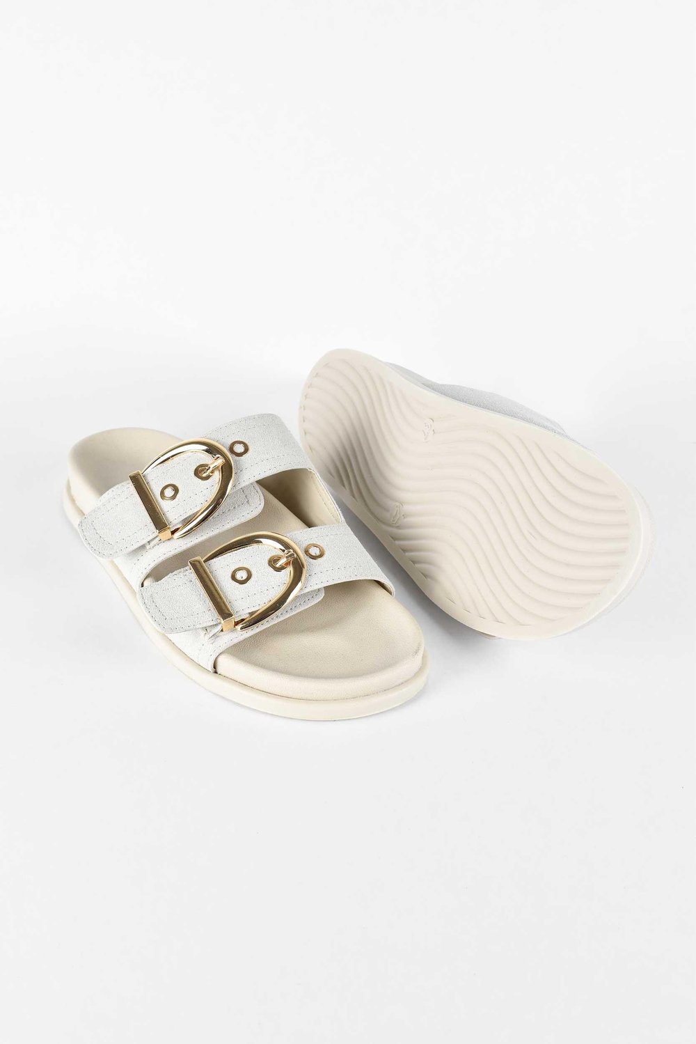 Kadın Süet Gold Tokalı Çift Bantlı Poli Taban Günlük Terlik - Bej