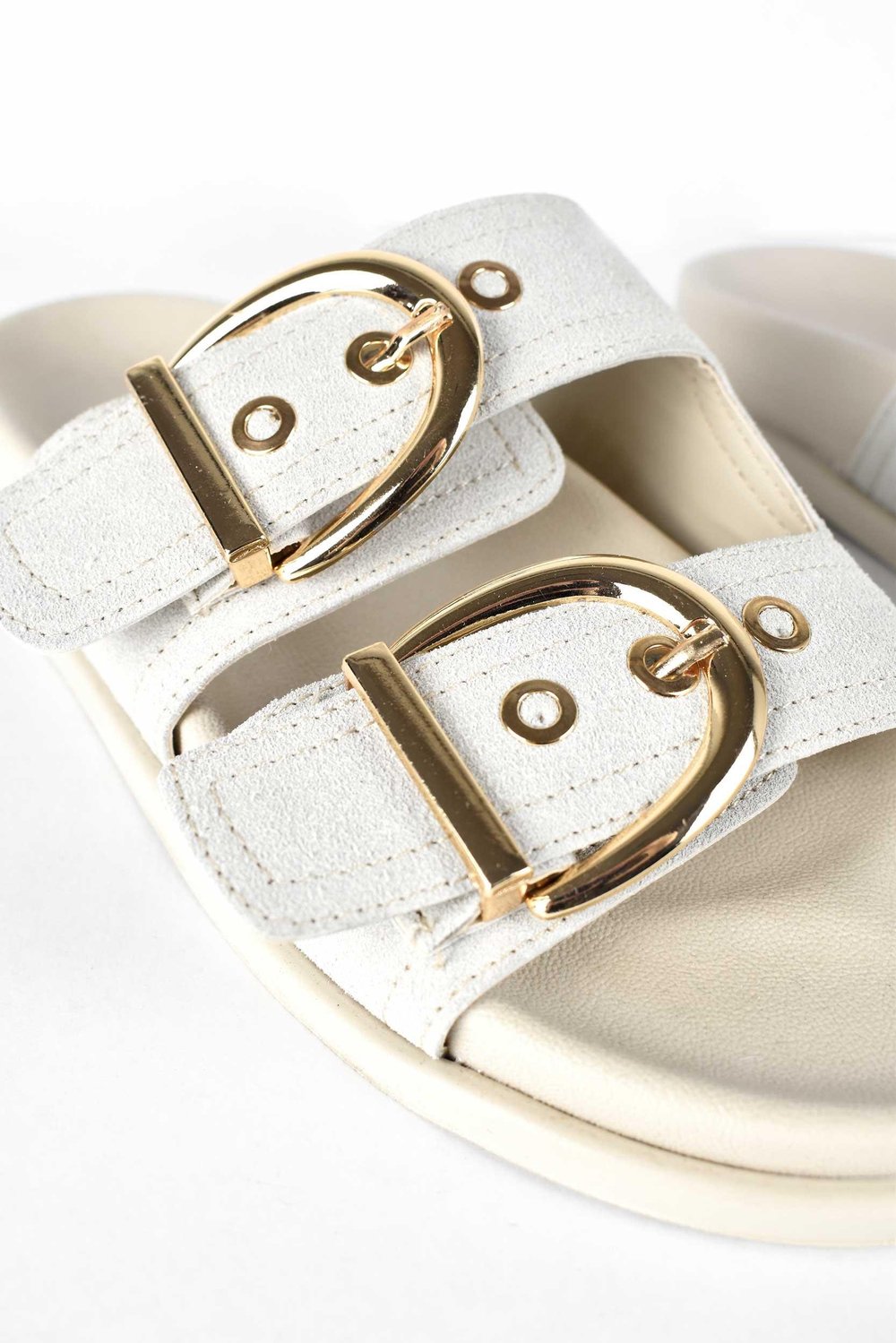 Kadın Süet Gold Tokalı Çift Bantlı Poli Taban Günlük Terlik - Bej