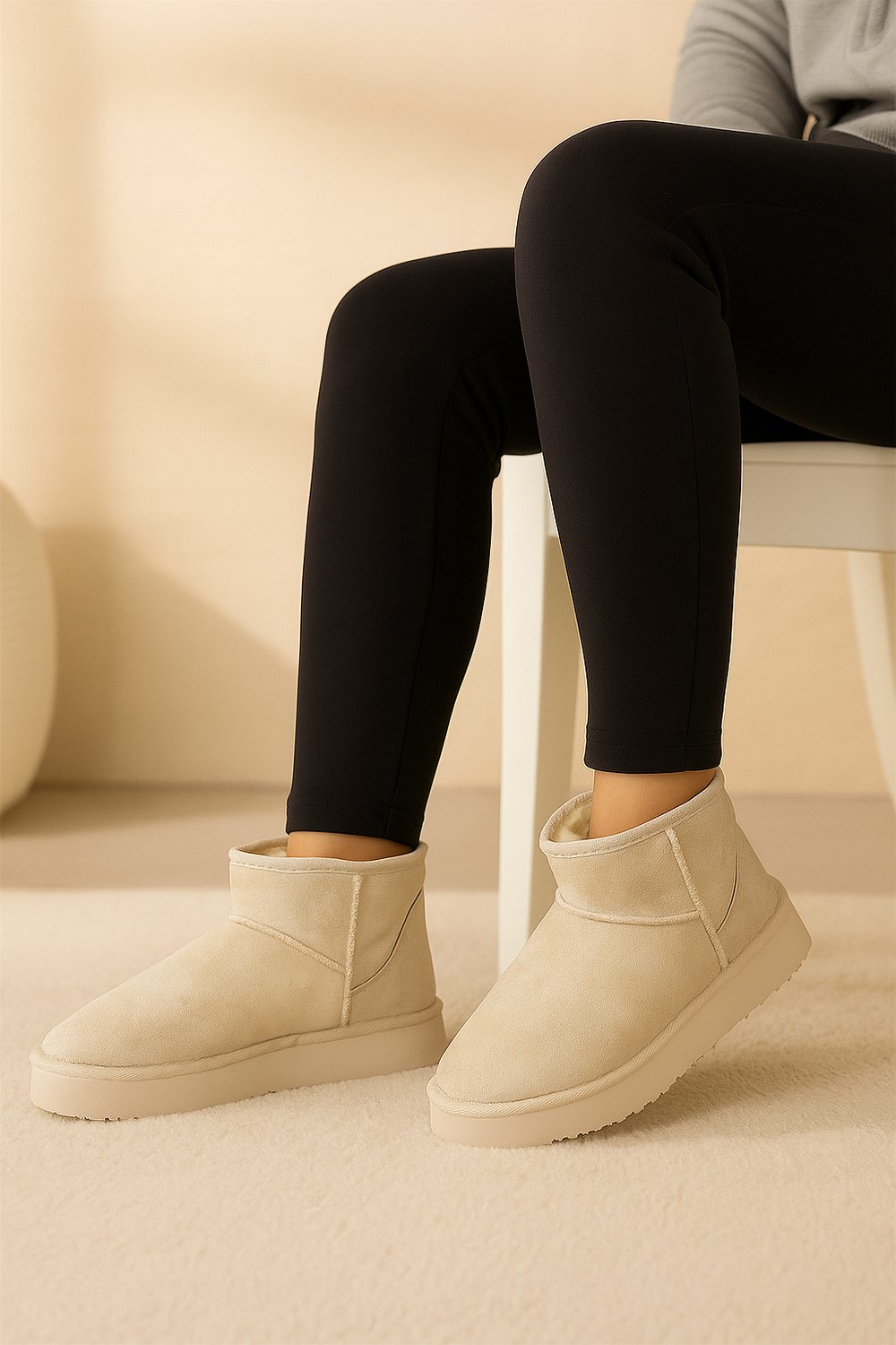 Kadın Süet Kalın Taban Kışlık Bot - Bej