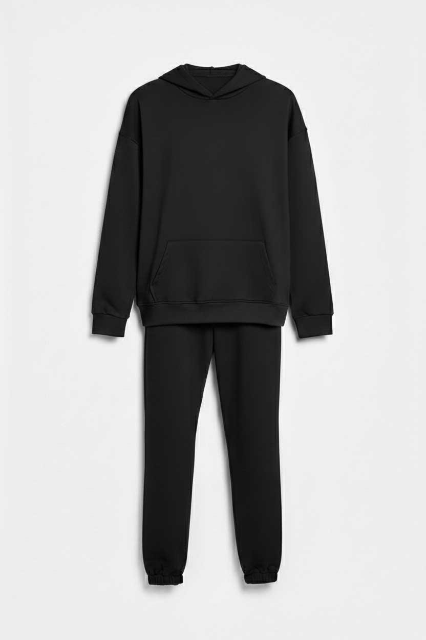Kapüşonlu Cep Detaylı İki İplik Eşofman Takımı – Siyah