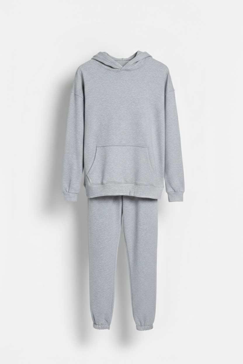 Kapüşonlu Cep Detaylı İki İplik Eşofman Takımı – Açık Gri