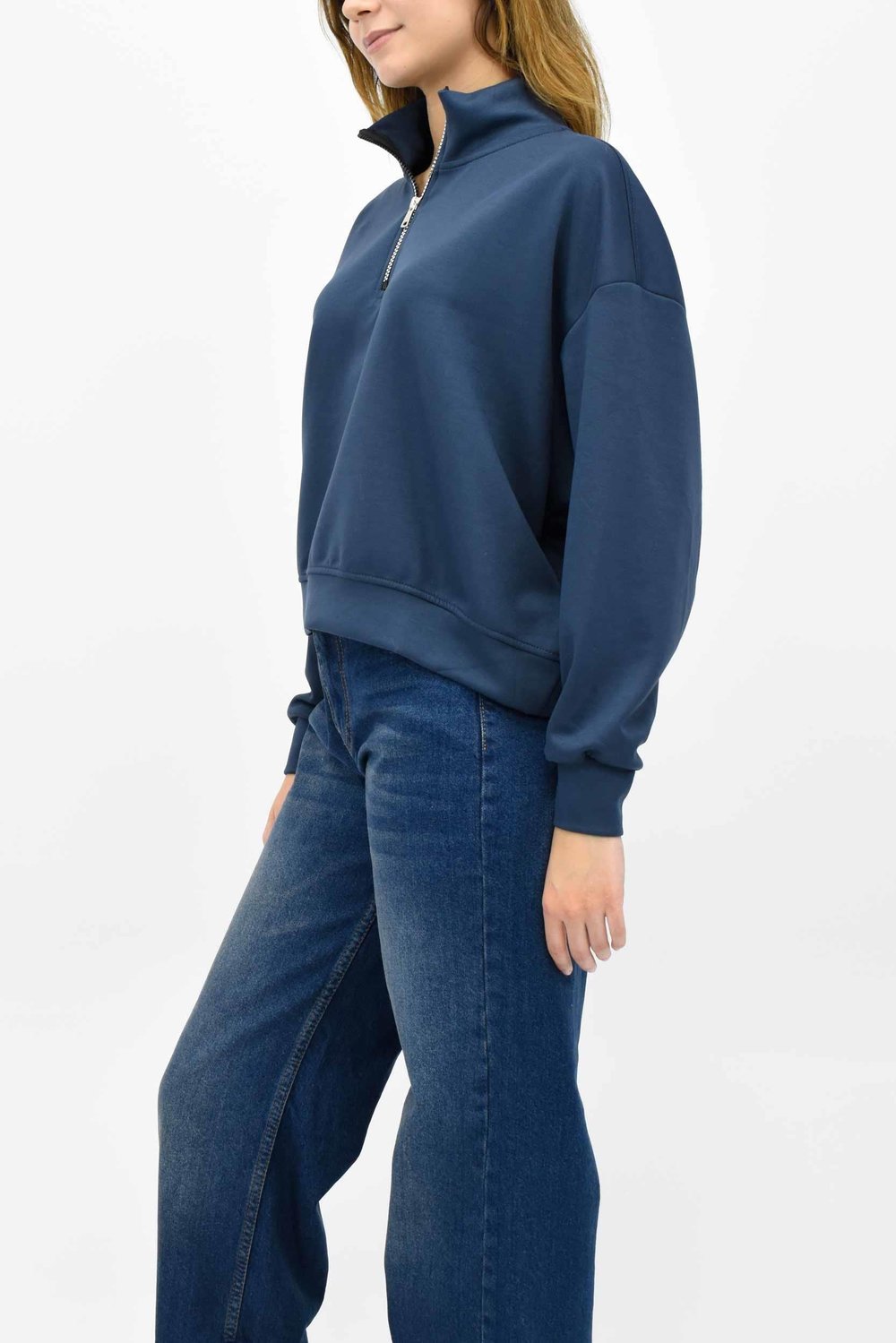 Modal Kumaş Fermuarlı Sweatshirt - İndigo