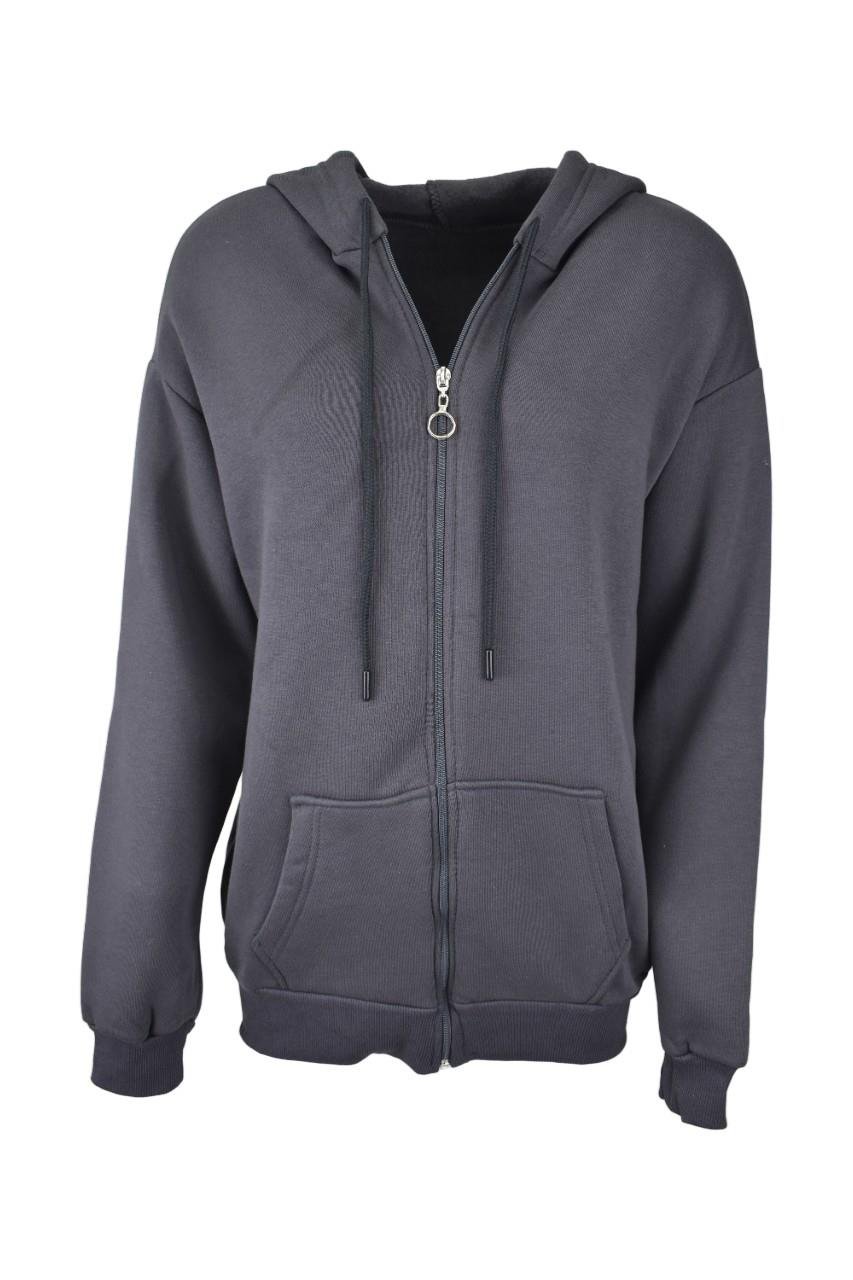 Oversize Üç İplik Kapüşonlu Fermuarlı Sweatshirt   - Antrasit