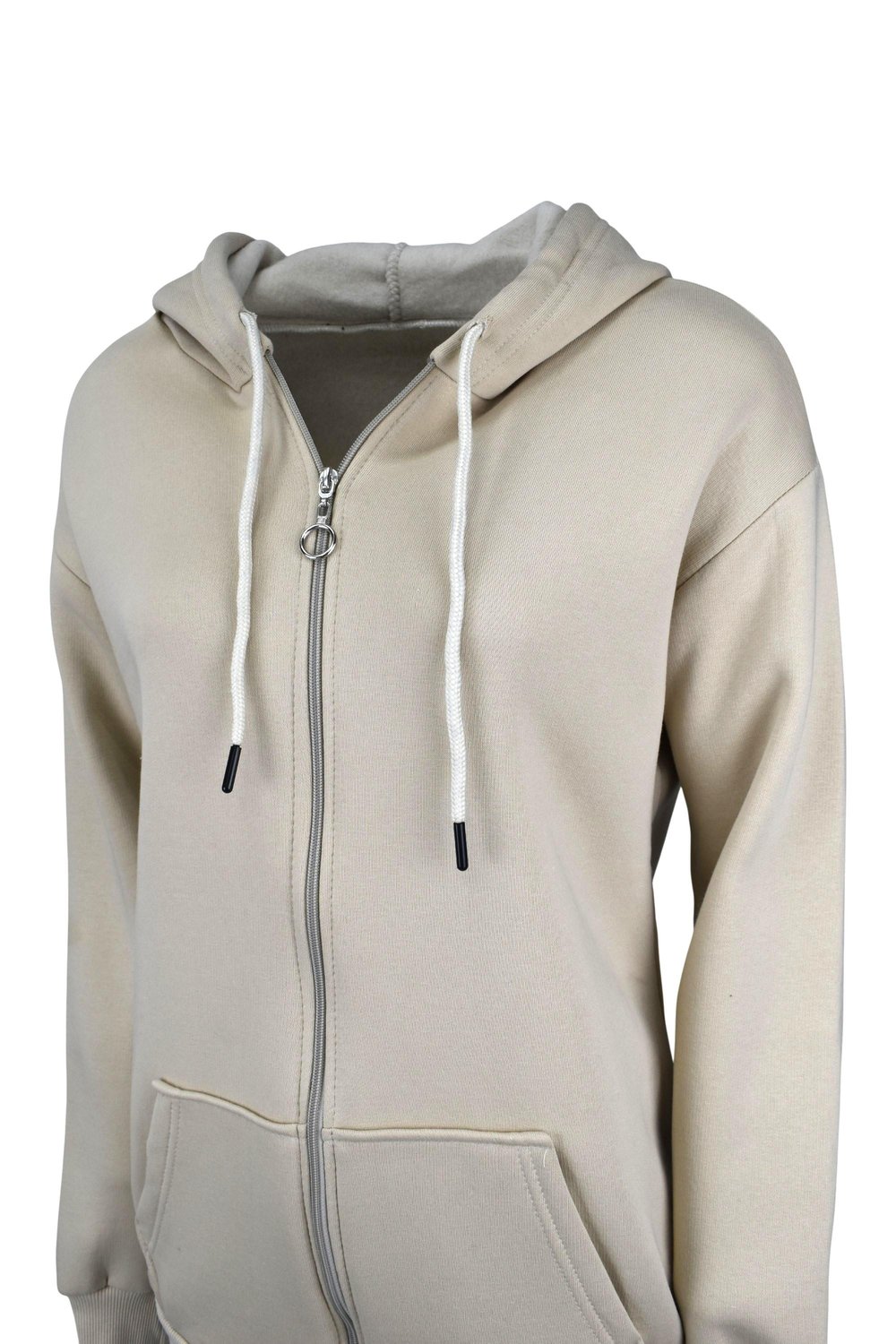 Oversize Üç İplik Kapüşonlu Fermuarlı Sweatshirt  - Bej