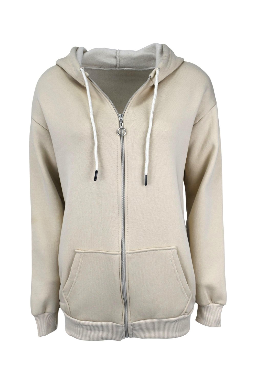 Oversize Üç İplik Kapüşonlu Fermuarlı Sweatshirt  - Bej