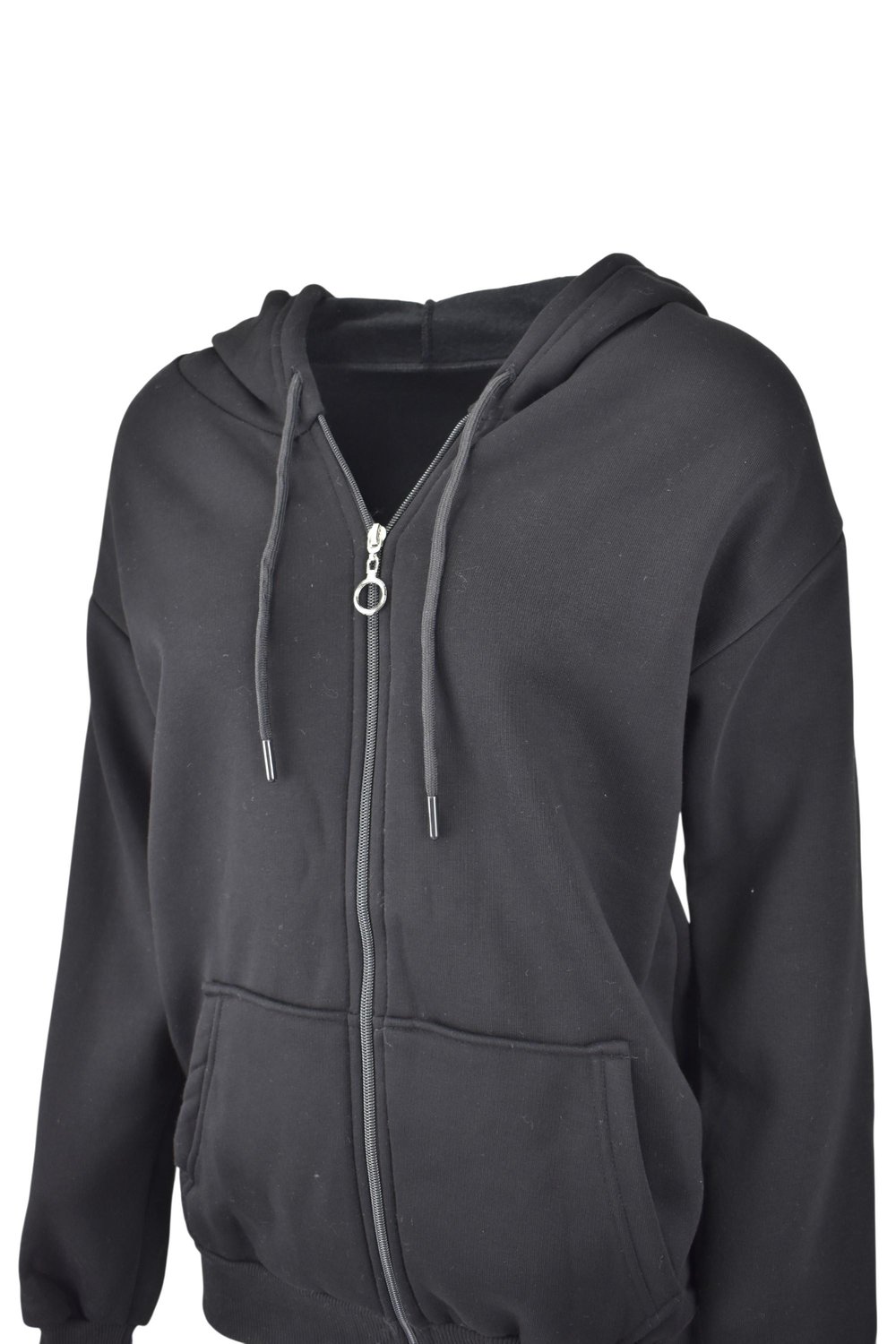 Oversize Üç İplik Kapüşonlu Fermuarlı Sweatshirt  - Siyah