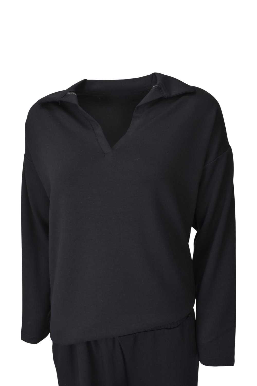 Rahat Kalıp Polo Yaka Modal Kumaş Uzun Kollu Eşofman Takımı  - Siyah