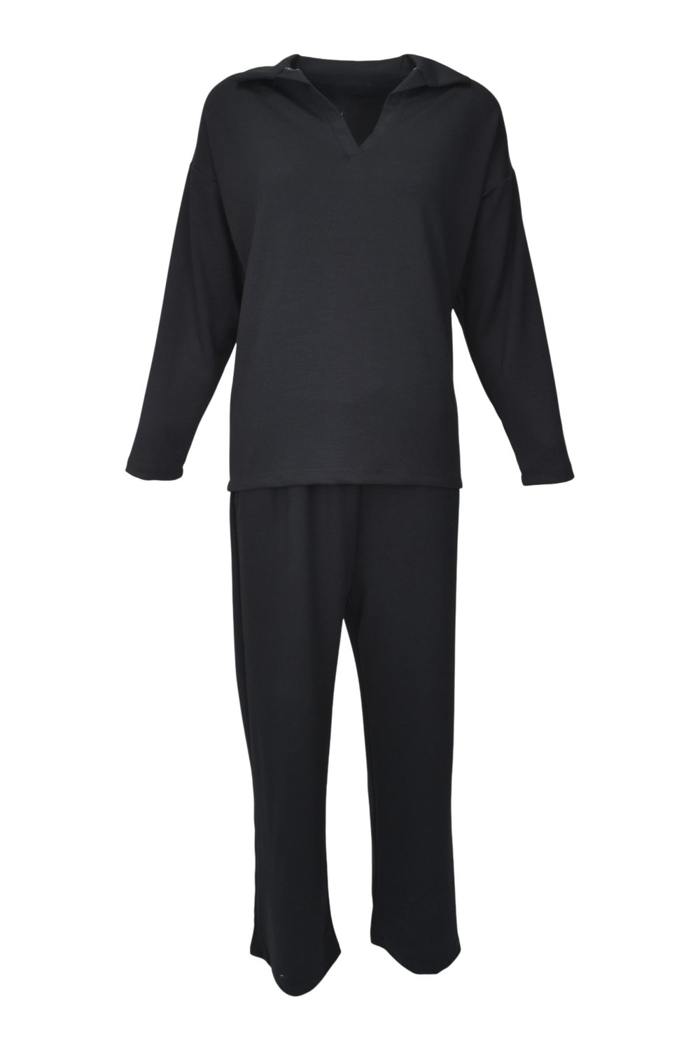 Rahat Kalıp Polo Yaka Modal Kumaş Uzun Kollu Eşofman Takımı  - Siyah