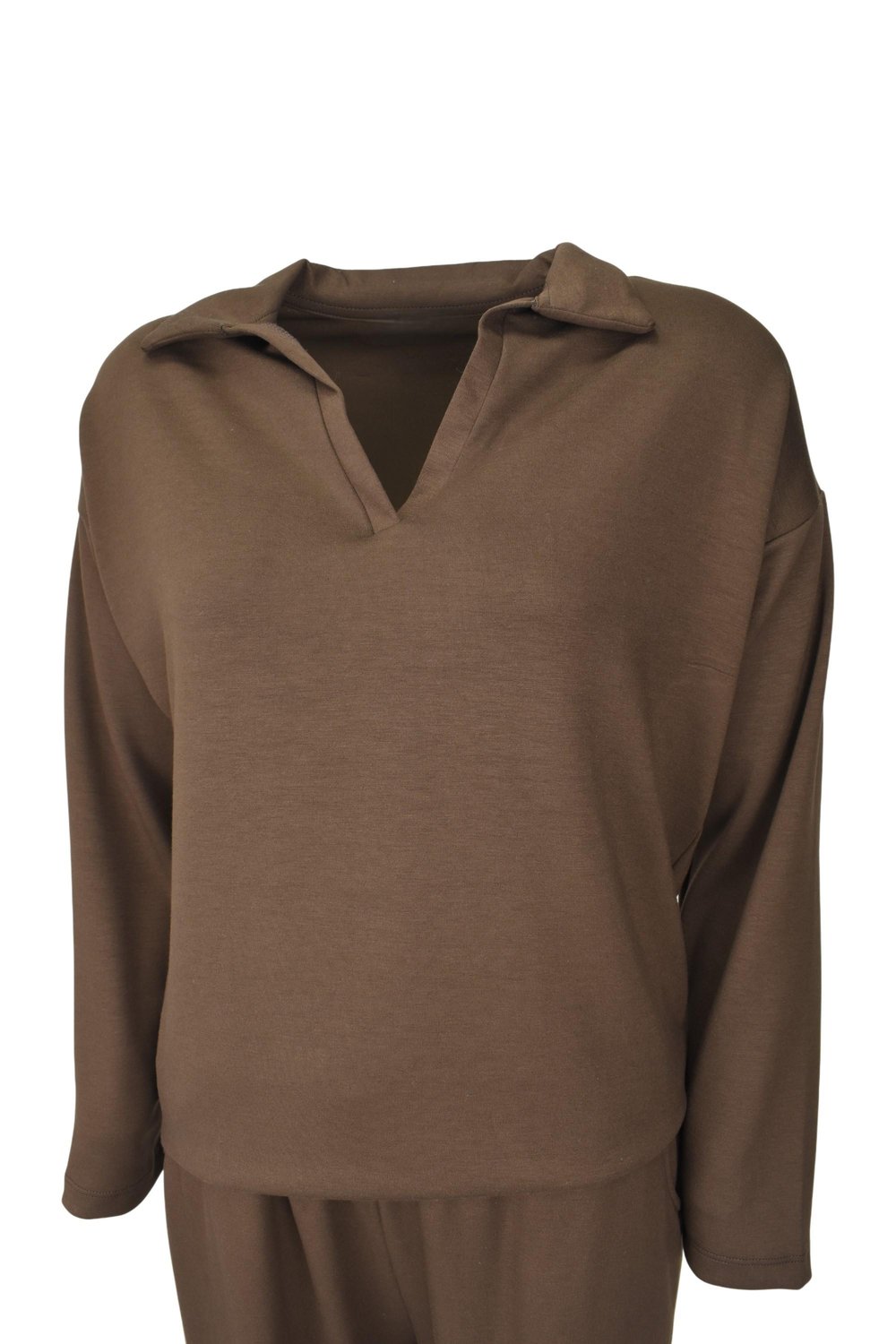 Rahat Kalıp Polo Yaka Modal Kumaş Uzun Kollu Eşofman Takımı  - Acı Kahve