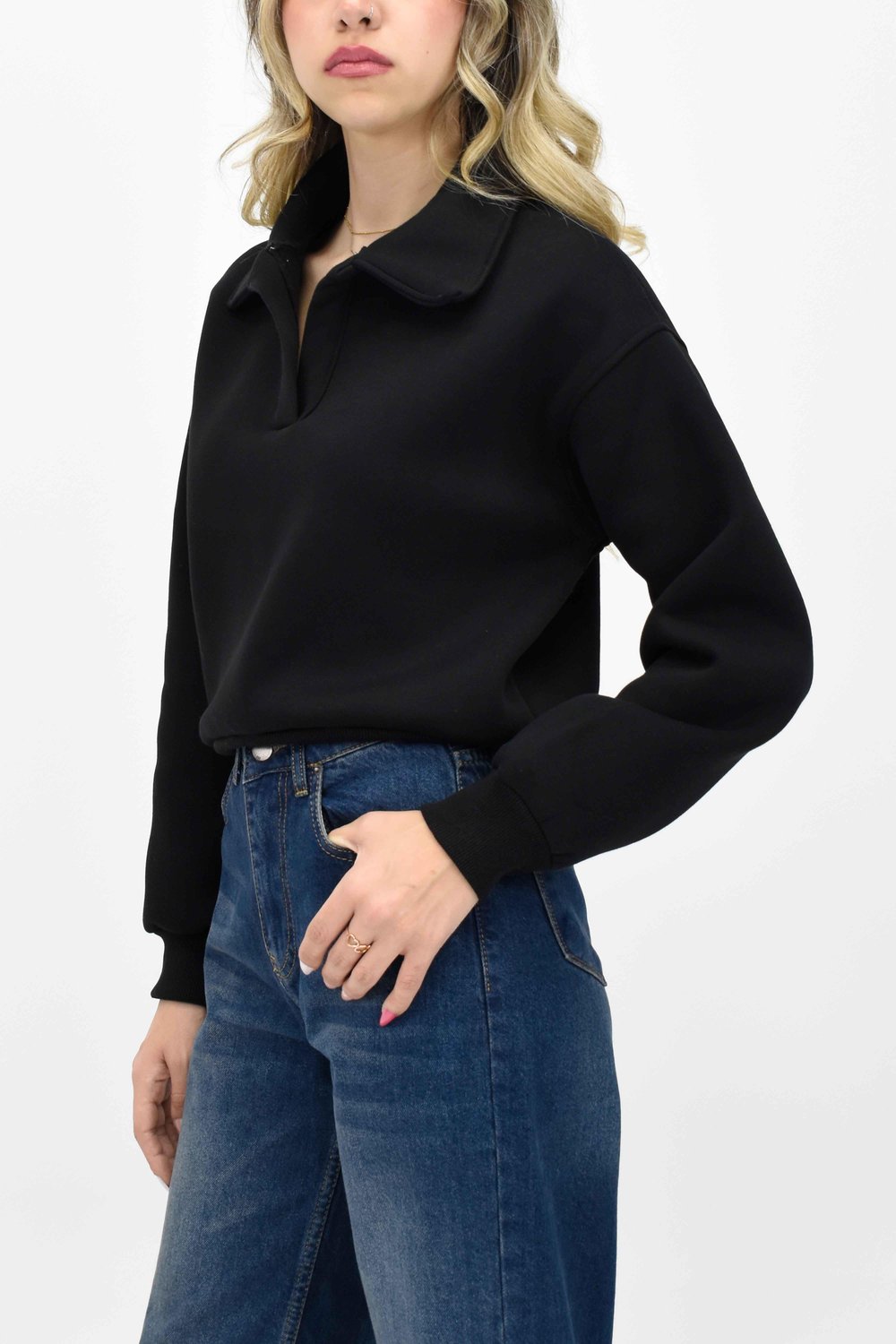  Yakalı Kısa Sweatshirt - Siyah